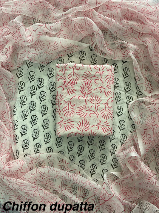 JAAL HAND BLOCK PRINT COTTON SUIT SET WITH CHIFFON DUPATTA(WACFCOTMU09)