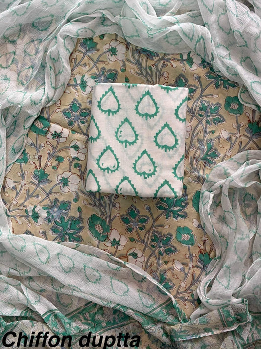 JAAL HAND BLOCK PRINT COTTON SUIT SET WITH CHIFFON DUPATTA(WACFCOTMU06)