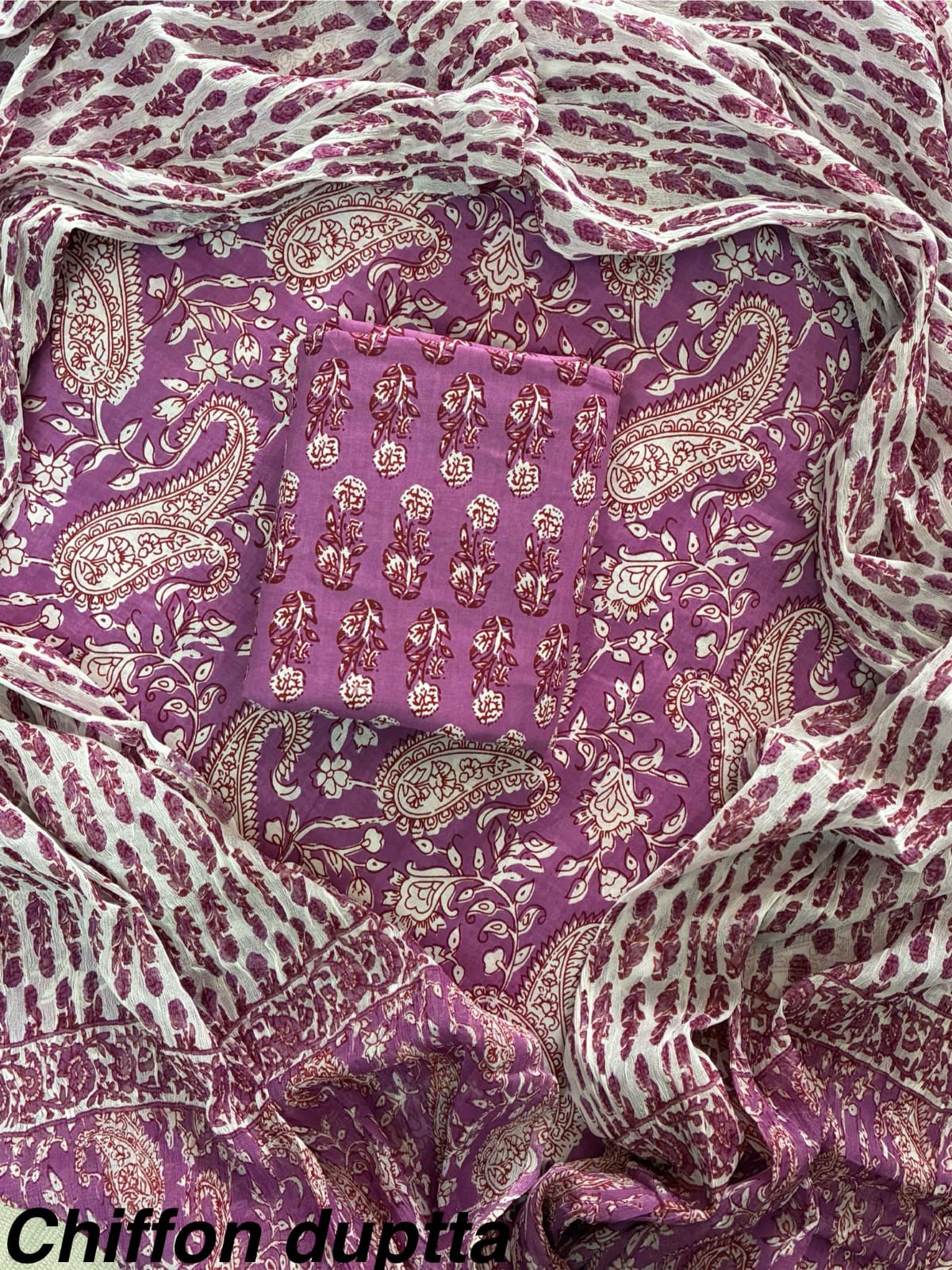 JAAL HAND BLOCK PRINT COTTON SUIT SET WITH CHIFFON DUPATTA(WACFCOTMU05)