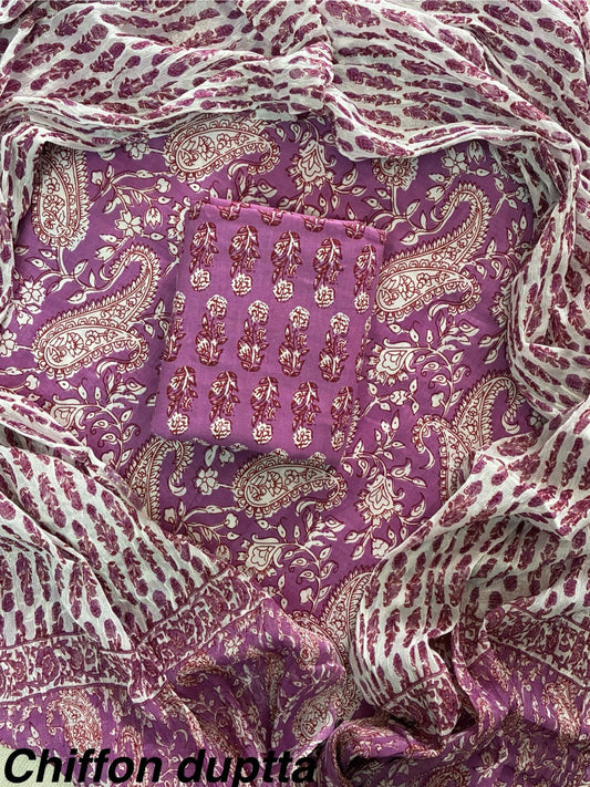 JAAL HAND BLOCK PRINT COTTON SUIT SET WITH CHIFFON DUPATTA(WACFCOTMU05)