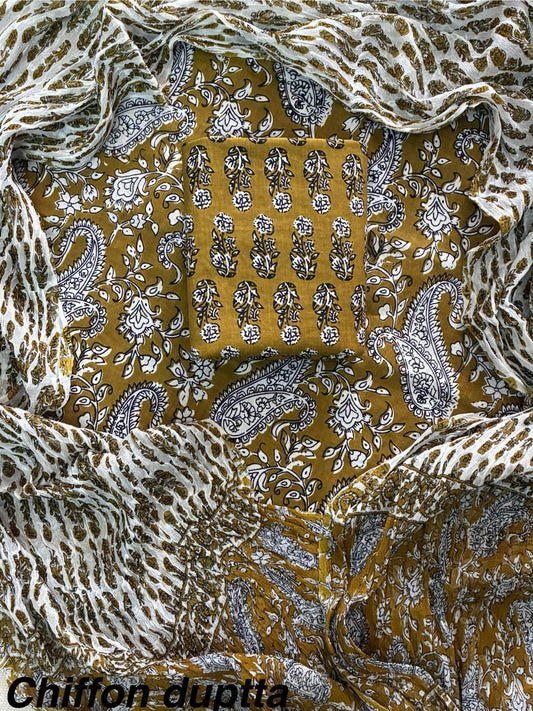 JAAL HAND BLOCK PRINT COTTON SUIT SET WITH CHIFFON DUPATTA(WACFCOTMU04)