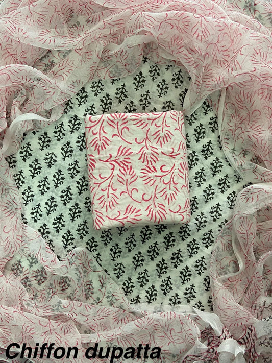 JAAL HAND BLOCK PRINT COTTON SUIT SET WITH CHIFFON DUPATTA(WACFCOTMU03)