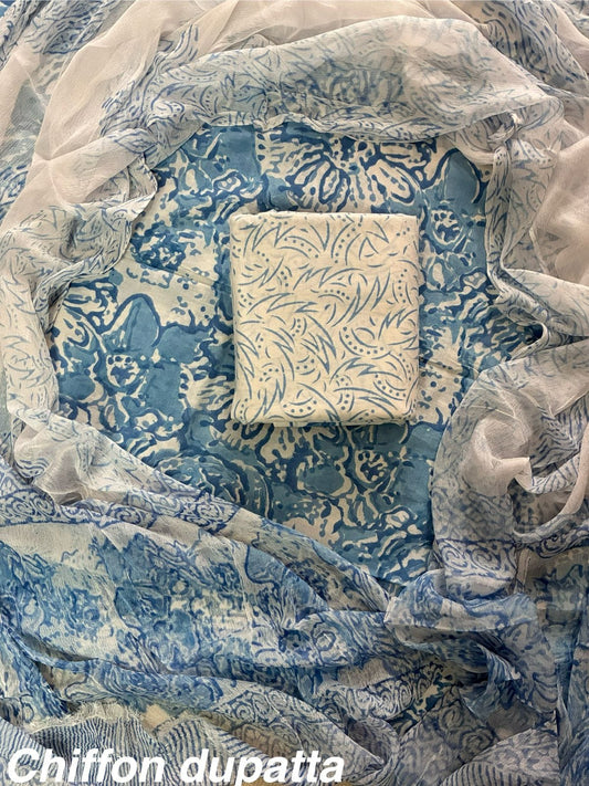 JAAL HAND BLOCK PRINT COTTON SUIT SET WITH CHIFFON DUPATTA(WACFCOTMU01)