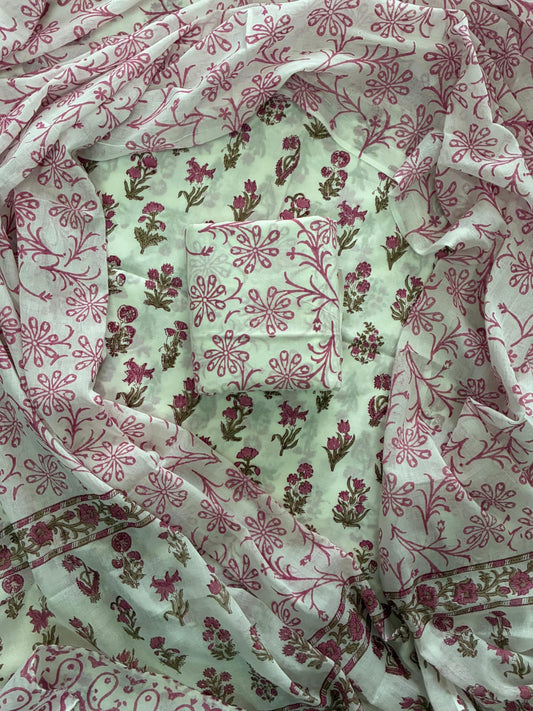 Designer Hand Block Print Cotton Suit Set with Mulmul Dupatta(WACOTMU150)
