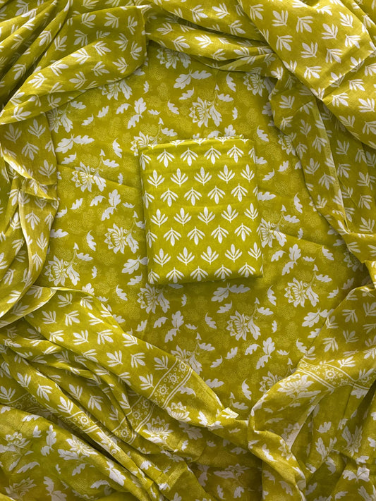 Designer Hand Block Print Cotton Suit Set with Mulmul Dupatta(WACOTMU145)