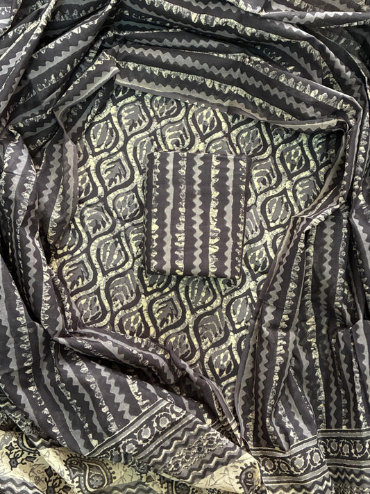 Designer Hand Block Print Cotton Suit Set with Mulmul Dupatta(WACOTMU148)