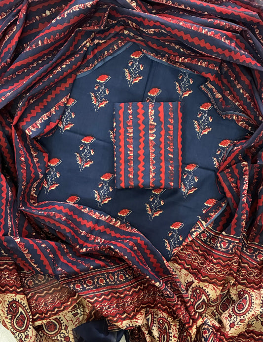 Designer Hand Block Print Cotton Suit Set with Mulmul Dupatta(WACOTMU143)