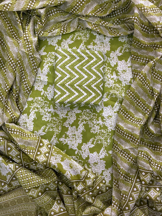 Designer Hand Block Print Cotton Suit Set with Mulmul Dupatta(WACOTMU142)
