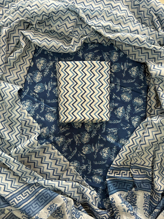 Designer Hand Block Print Cotton Suit Set with Mulmul Dupatta(WACOTMU140)