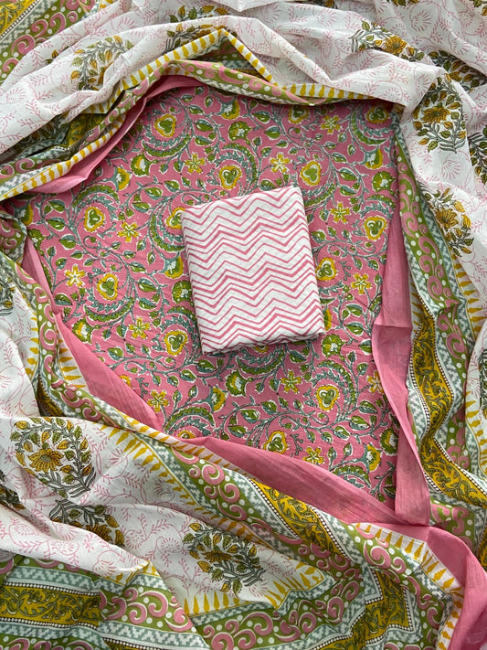 Designer Hand Block Print Cotton Suit Set with Mulmul Dupatta(WACOTMU137)