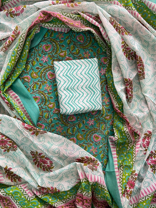 Designer Hand Block Print Cotton Suit Set with Mulmul Dupatta(WACOTMU138)