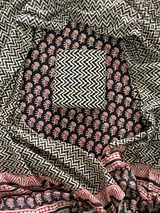 Designer Hand Block Print Cotton Suit Set with Mulmul Dupatta(WACOTMU139)