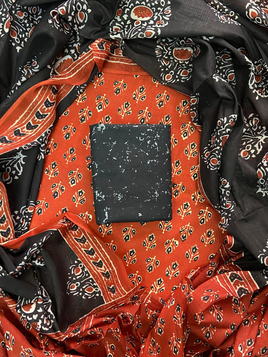 Designer Hand Block Print Cotton Suit Set with Mulmul Dupatta(WACOTMU134)