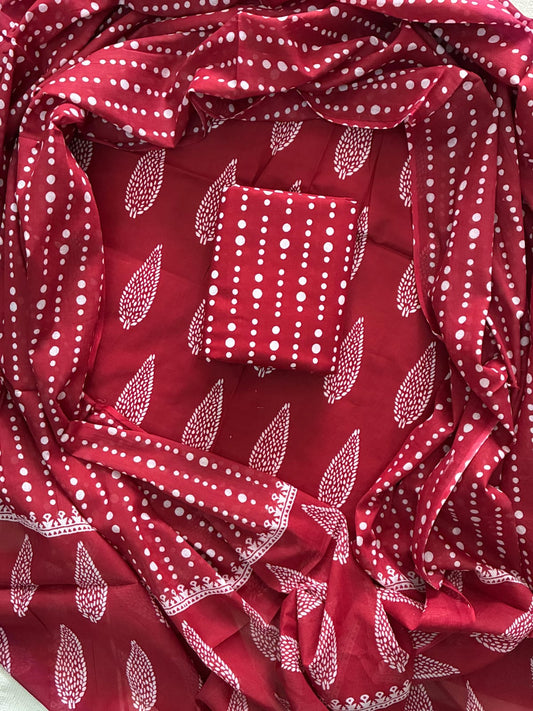 Designer Hand Block Print Cotton Suit Set with Mulmul Dupatta(WACOTMU136)