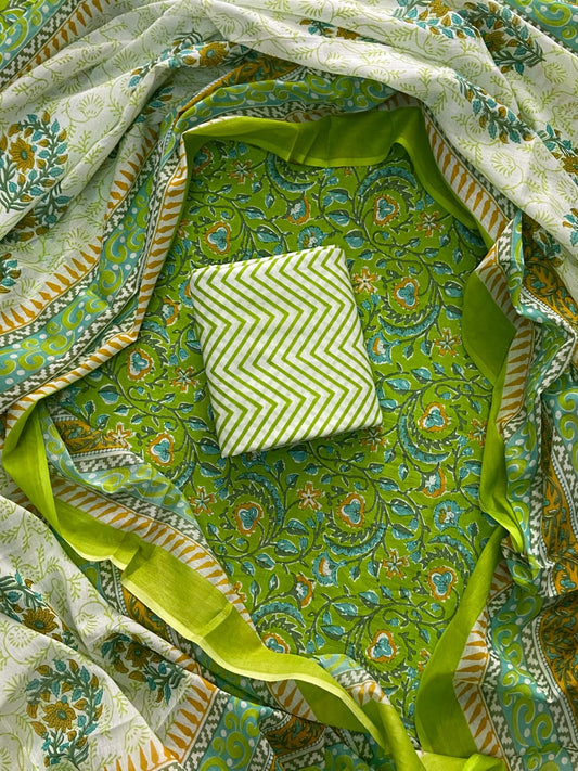 Designer Hand Block Print Cotton Suit Set with Mulmul Dupatta(WACOTMU132)