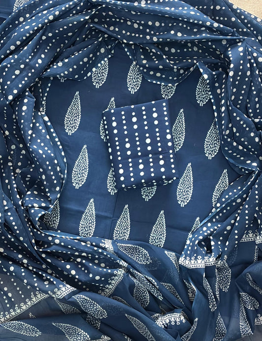 Designer Hand Block Print Cotton Suit Set with Mulmul Dupatta(WACOTMU129)