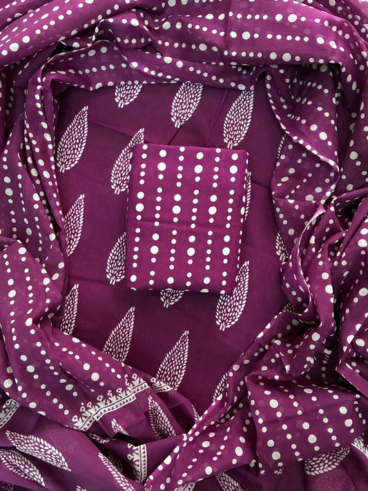 Designer Hand Block Print Cotton Suit Set with Mulmul Dupatta(WACOTMU130)