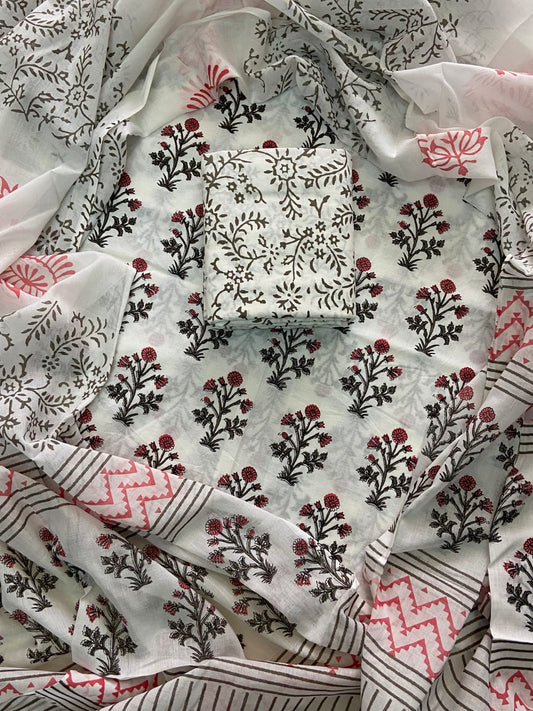 Designer Hand Block Print Cotton Suit Set with Mulmul Dupatta(WACOTMU120)