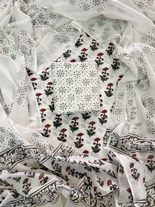 Designer Hand Block Print Cotton Suit Set with Mulmul Dupatta(WACOTMU122)