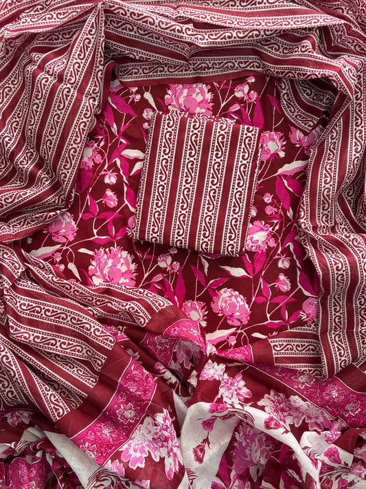 Designer Hand Block Print Cotton Suit Set with Mulmul Dupatta(WACOTMU118)