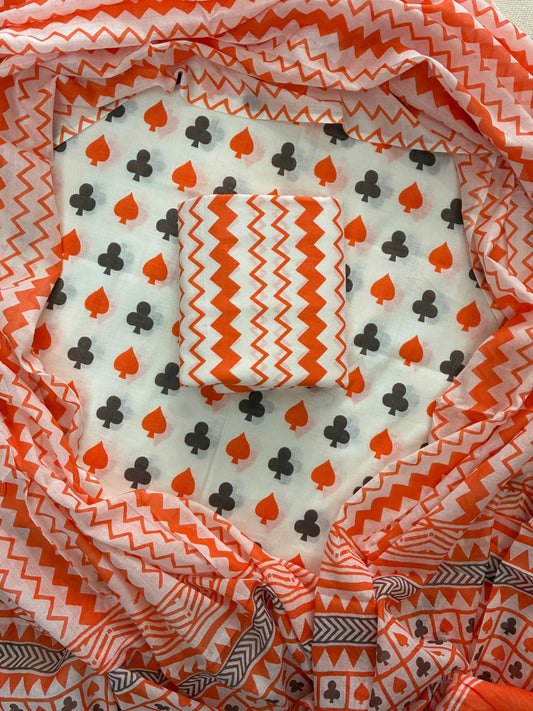 Designer Hand Block Print Cotton Suit Set with Mulmul Dupatta(WACOTMU119)