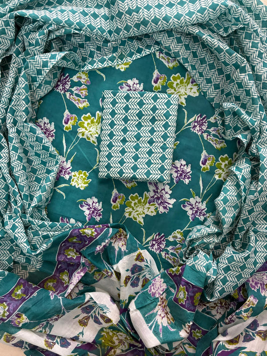 Designer Hand Block Print Cotton Suit Set with Mulmul Dupatta(WACOTMU113)