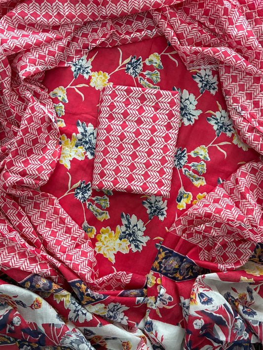 Designer Hand Block Print Cotton Suit Set with Mulmul Dupatta(WACOTMU110)