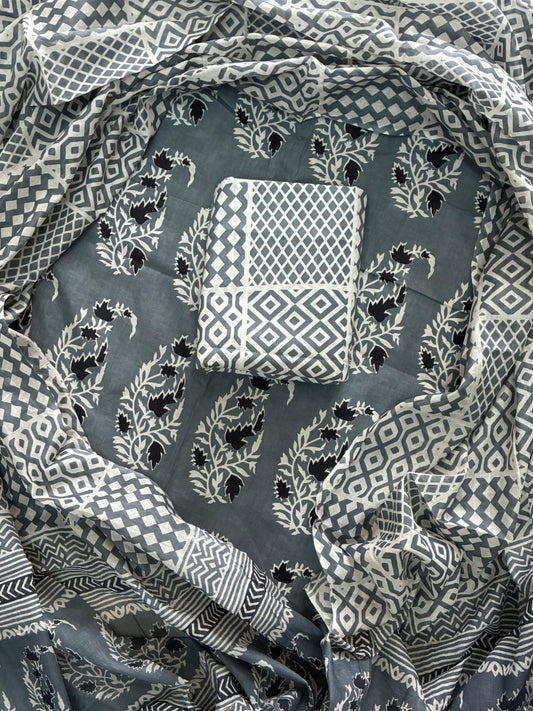 Designer Hand Block Print Cotton Suit Set with Mulmul Dupatta(WACOTMU111)