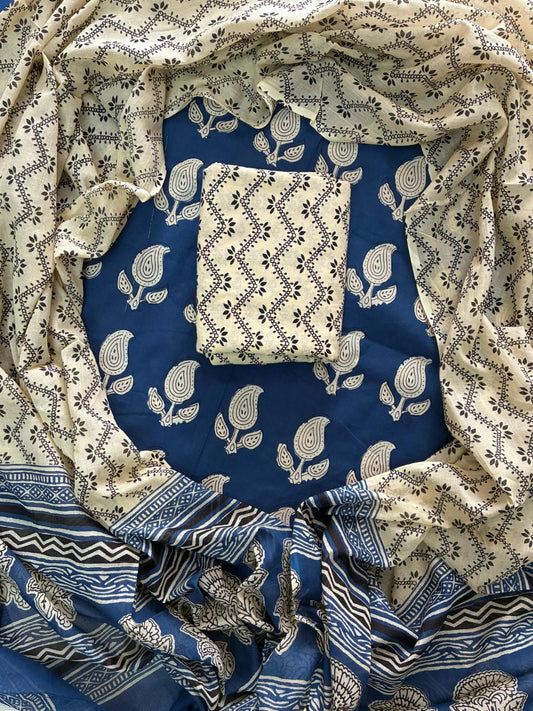 Designer Hand Block Print Cotton Suit Set with Mulmul Dupatta(WACOTMU108)