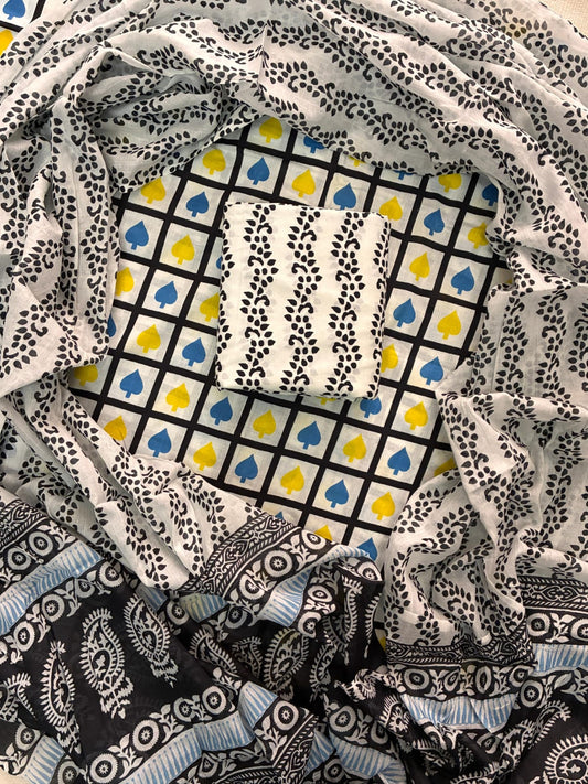Designer Hand Block Print Cotton Suit Set with Mulmul Dupatta(WACOTMU107)