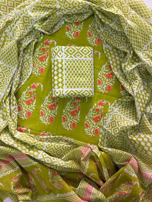 Designer Hand Block Print Cotton Suit Set with Mulmul Dupatta(WACOTMU109)