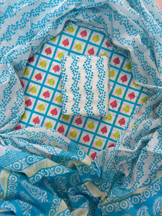 Designer Hand Block Print Cotton Suit Set with Mulmul Dupatta(WACOTMU106)