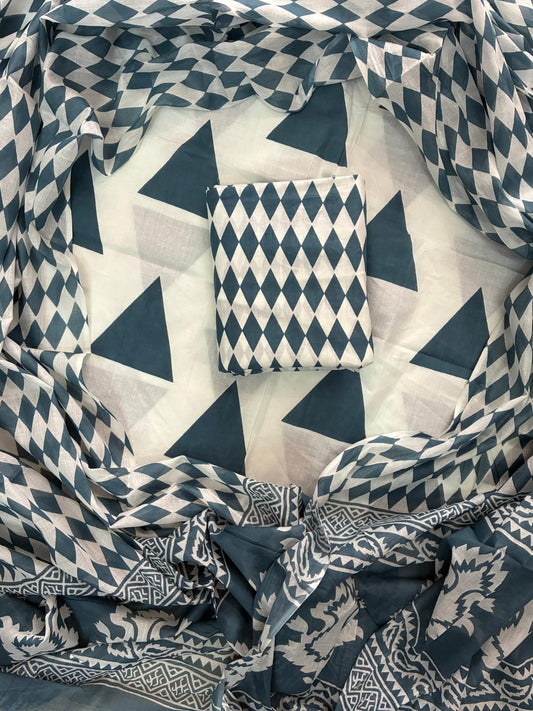 ELEGANT HAND BLOCK PRINT COTTON SUIT SET WITH MULMUL DUPATTA(WACOTMU99)