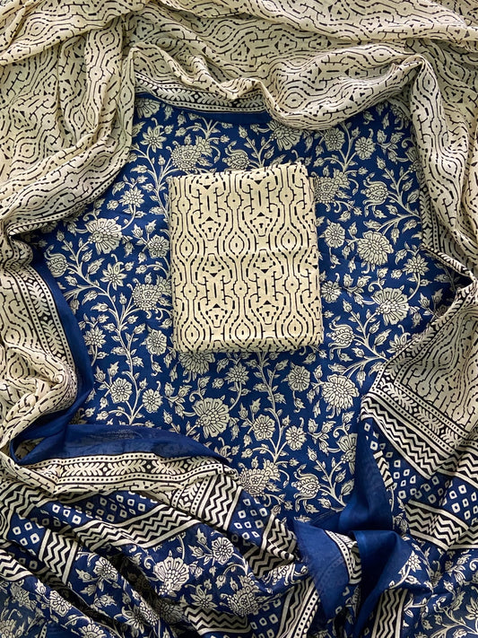 ELEGANT HAND BLOCK PRINT COTTON SUIT SET WITH MULMUL DUPATTA(WACOTMU85)
