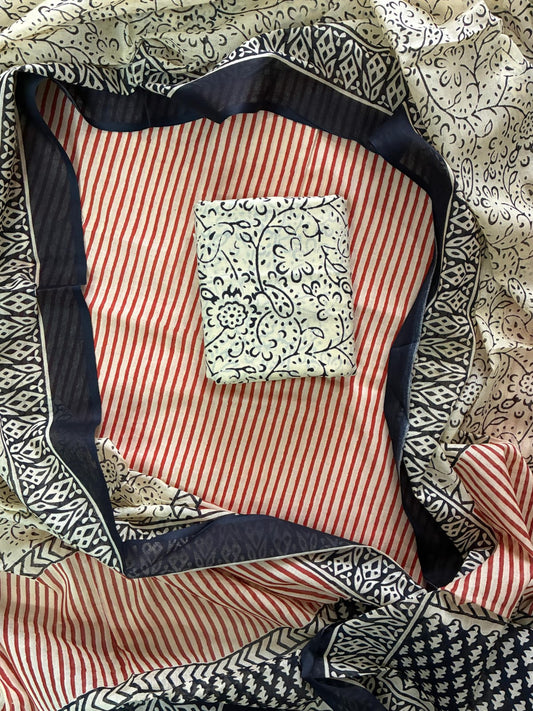 Designer Hand Block Print Cotton Suit Set with Mulmul Dupatta(WACOTMU81)