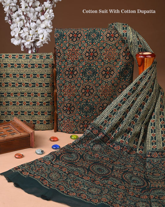 ELEGANT HAND BLOCK PRINT COTTON SUIT SET WITH MULMUL DUPATTA(WACOTMU57)