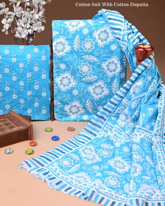 ELEGANT HAND BLOCK PRINT COTTON SUIT SET WITH MULMUL DUPATTA(WACOTMU56)