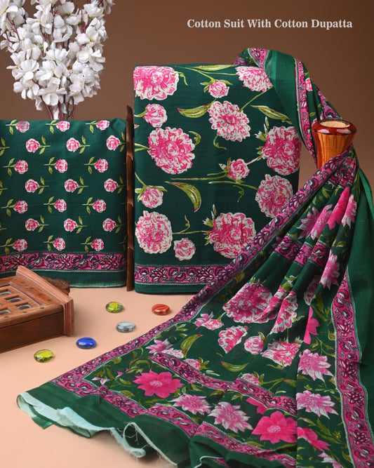 ELEGANT HAND BLOCK PRINT COTTON SUIT SET WITH MULMUL DUPATTA(WACOTMU52)