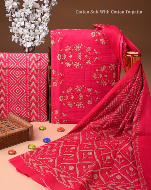 ELEGANT HAND BLOCK PRINT COTTON SUIT SET WITH MULMUL DUPATTA(WACOTMU49)