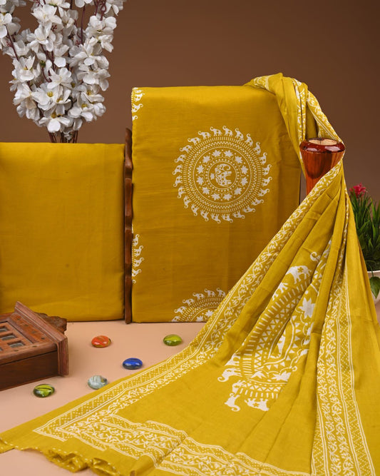 ELEGANT HAND BLOCK PRINT COTTON SUIT SET WITH MULMUL DUPATTA(WACOTMU47)