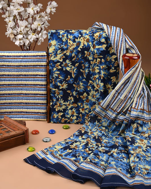 ELEGANT HAND BLOCK PRINT COTTON SUIT SET WITH MULMUL DUPATTA(WACOTMU43)