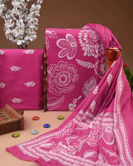 ELEGANT HAND BLOCK PRINT COTTON SUIT SET WITH MULMUL DUPATTA(WACOTMU40)
