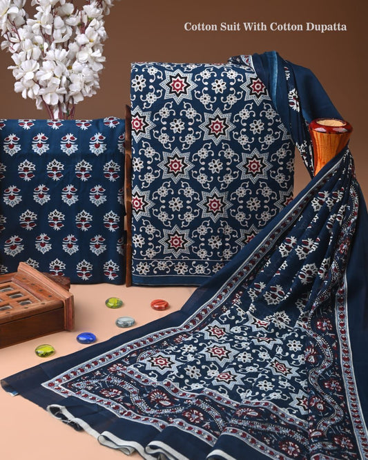 ELEGANT HAND BLOCK PRINT COTTON SUIT SET WITH MULMUL DUPATTA(WACOTMU36)