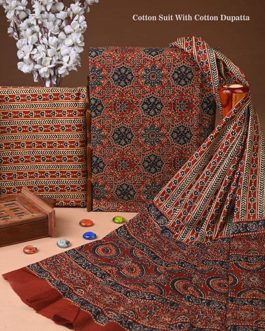 ELEGANT HAND BLOCK PRINT COTTON SUIT SET WITH MULMUL DUPATTA(WACOTMU35)