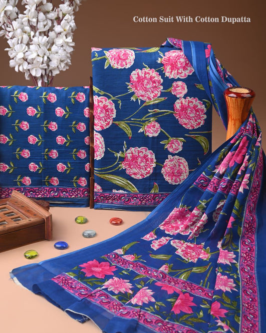 ELEGANT HAND BLOCK PRINT COTTON SUIT SET WITH MULMUL DUPATTA(WACOTMU29)