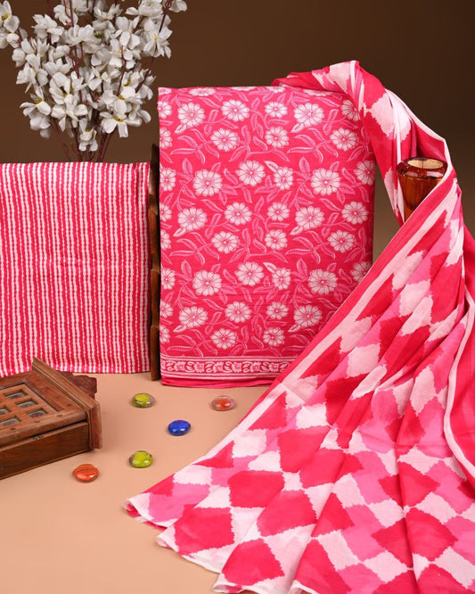 ELEGANT HAND BLOCK PRINT COTTON SUIT SET WITH MULMUL DUPATTA(WACOTMU27)