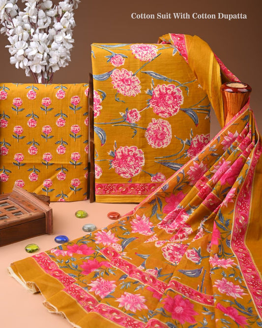 ELEGANT HAND BLOCK PRINT COTTON SUIT SET WITH MULMUL DUPATTA(WACOTMU23)