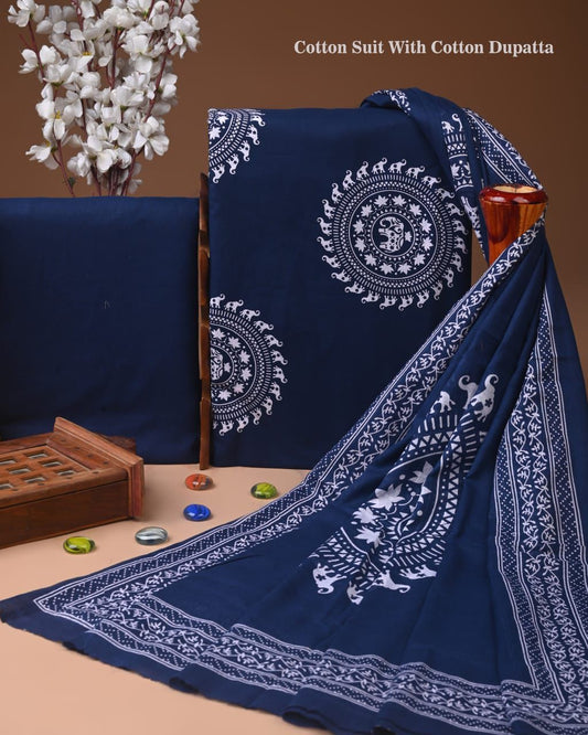 ELEGANT HAND BLOCK PRINT COTTON SUIT SET WITH MULMUL DUPATTA(WACOTMU19)