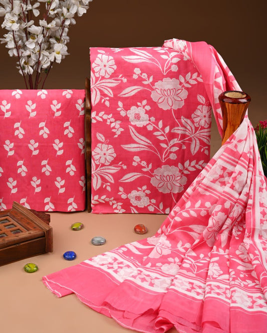 ELEGANT HAND BLOCK PRINT COTTON SUIT SET WITH MULMUL DUPATTA(WACOTMU16)