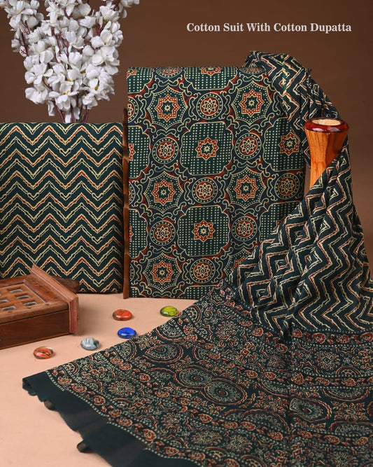 ELEGANT HAND BLOCK PRINT COTTON SUIT SET WITH MULMUL DUPATTA(WACOTMU12)